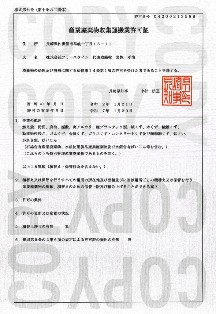 産業廃棄物収集運搬業許可証

許可番号　04200213588